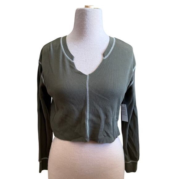 BP. Olive Green Waffle Knit Long Sleeve Cropped Henley – Size XS – New with Tags - Picture 1 of 3